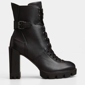 Christian Louboutin "Macademia" calfskin leather biker platform booties.